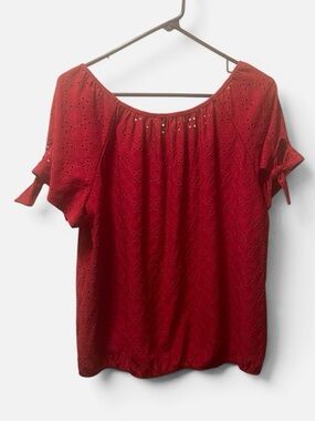 Perseption Red Eyelet Tie-Sleeve Blouse